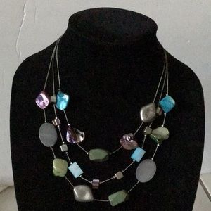 Triple Strands Multi-color Abalone Sea Glass Silver Tone & Rhinestone Necklace.